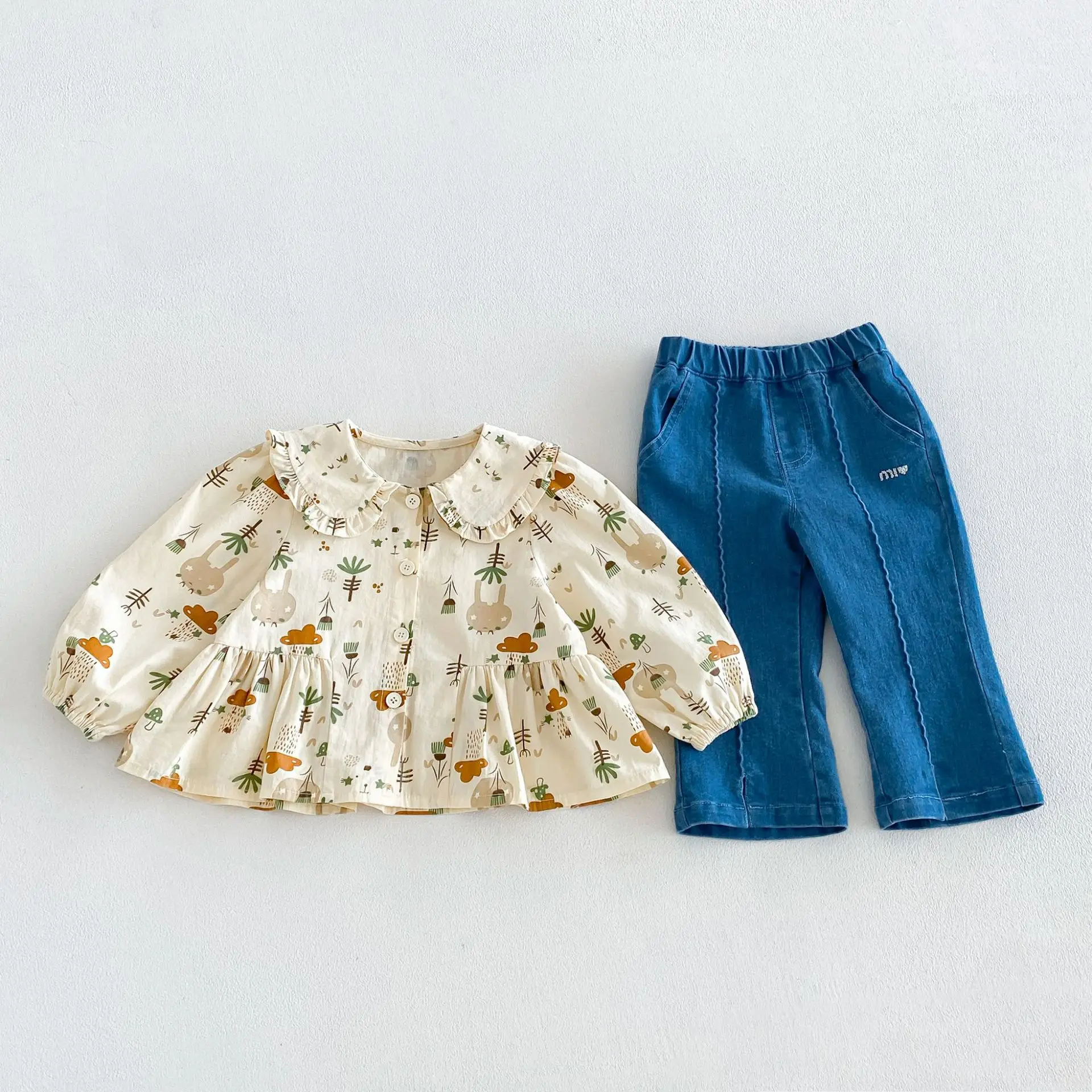 Girls' Full Print Doll Shirt 2026 New Autumn Baby Cute Lotus Leaf Collar Long Sleeve Shirt Children's Autumn Dress Shirt