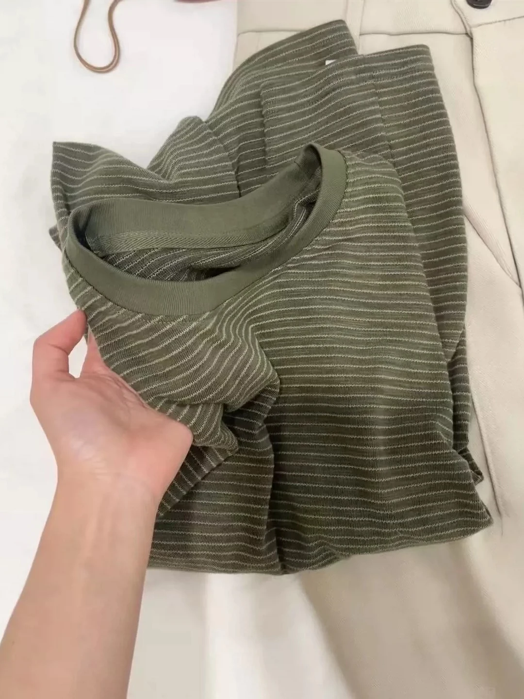Loose Korean Style Women's Long Sleeve T-shirt Striped Base Layer Shirt Inner Wear Top Asymmetrical Commute Style Cotton Blend