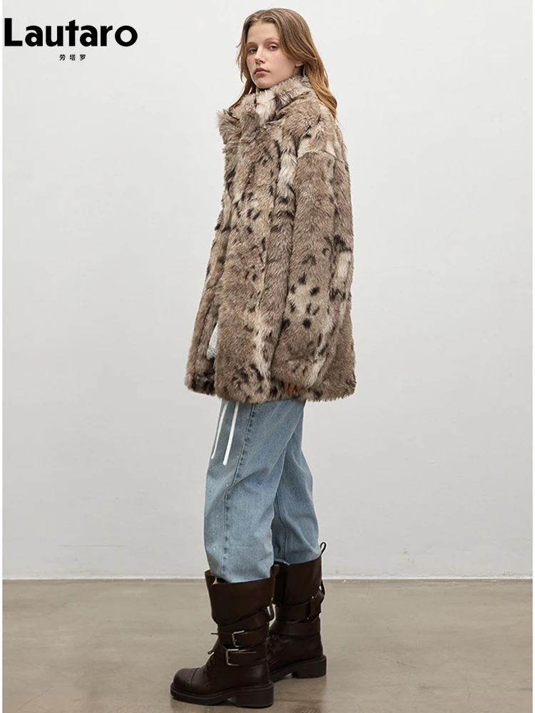 Lautaro Winter Long Thick Warm Leopard Print Faux Fur Coat Women Stand Collar Loose Soft Luxury Designer Fluffy Jacket Clothes