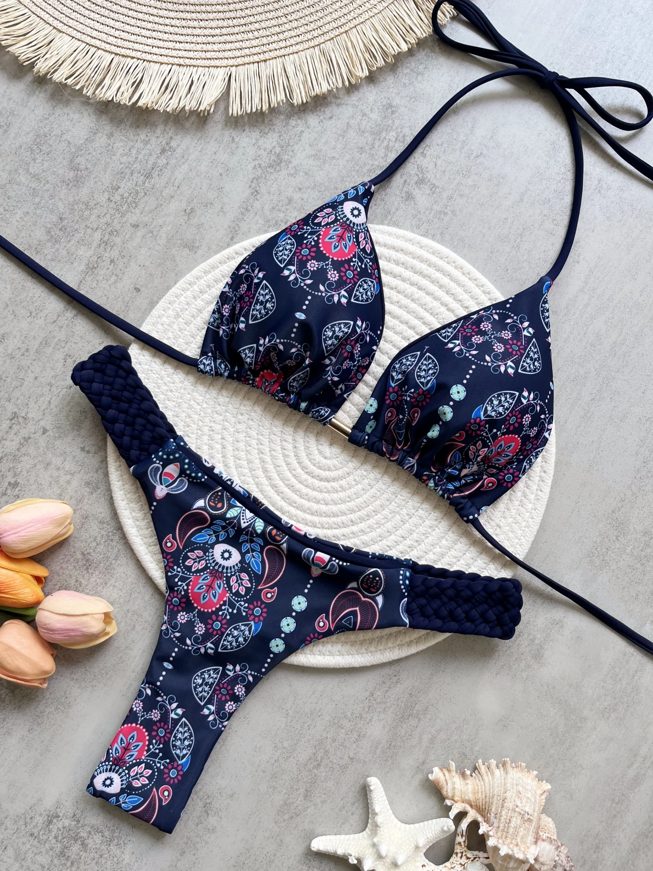 

2025New Printed Halter Mini Thong High Cut Bikini Female Swimsuit Women Swimwear Two-pieces Bikini set Bather Bathing Suit Swim