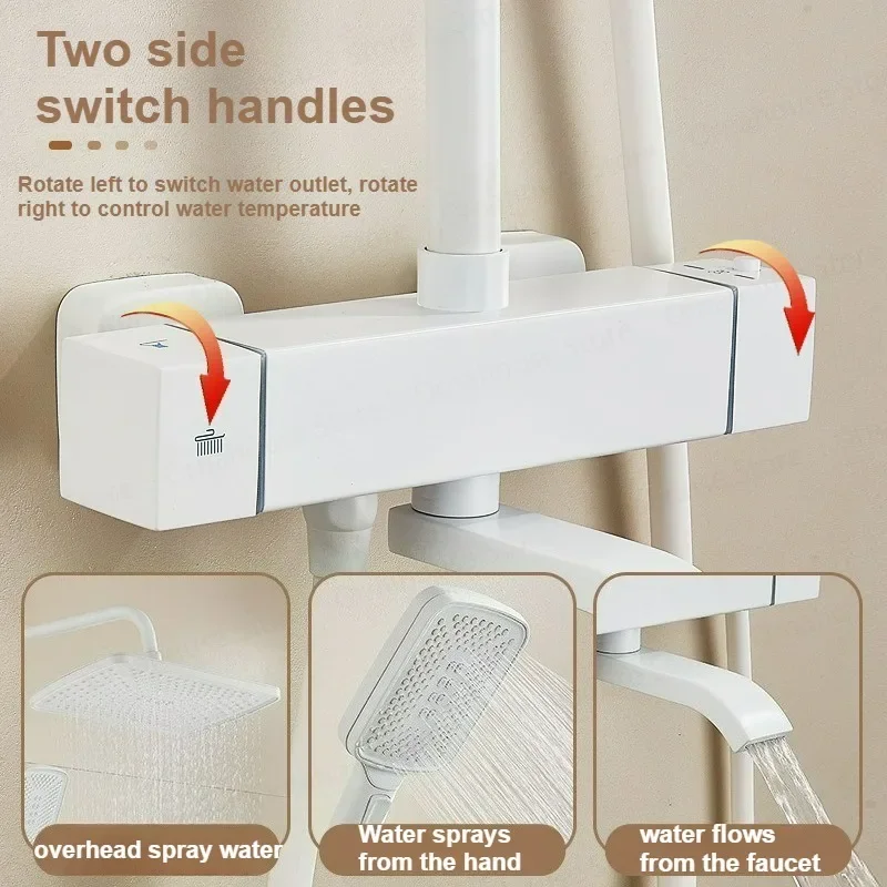 White Thermostatic Bathroom Shower Set with Air Boost Top Spray Three-Speed Pressurized Hand Sprayer Bath System