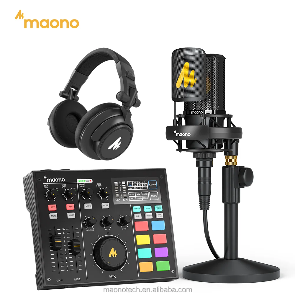 

MAONO Podcast Equipment Bundle Podcast Mixer Condenser Microphone Game Headphone Monitor Speaker Podcast Sound Cards Audio Mixer