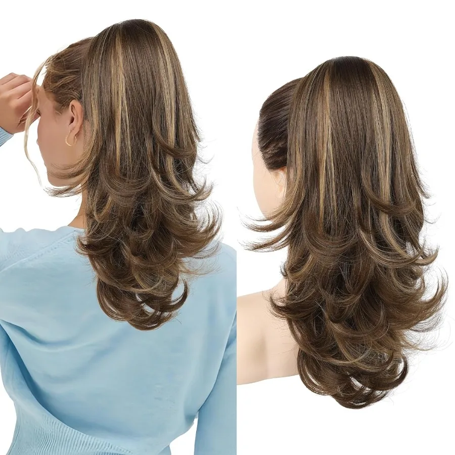 여성용 18인치 레이어드 웨이브 포니테일 헤어 익스텐션, 자연스러운 드로스트링 합성 헤어피스 (딥 브라운 및 블론드 톤)