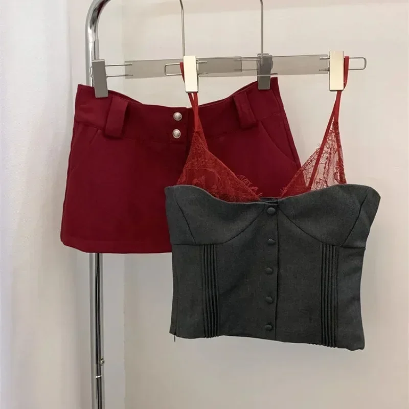 Miiiiix puro desejo renda retalhos sexy cor contrastante sem mangas camisola colete verão novo fino ajuste saia conjunto de duas peças