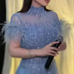 Customized Arabic Grey Blue Evening Dresses For Women High Neck Crystal Feather Meramid Long Formal Occasion Dress Wedding Prom