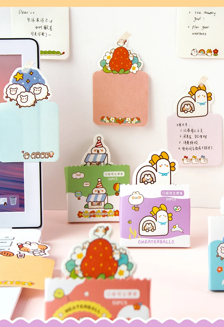 50 Sheets Pocket Memo Cute Cartoon Animals Portable Note Paper Non-sticky Various Colors Student Convenient Small Memory Note
