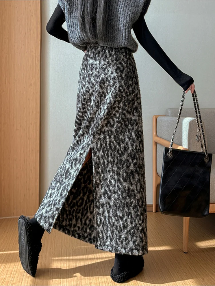 جديد الشتاء الرجعية ليوبارد طباعة سميكة ميدي تنورة للنساء عالية الخصر التخسيس سبليت المألوف الصوف مستقيم ألف خط تنورة #6