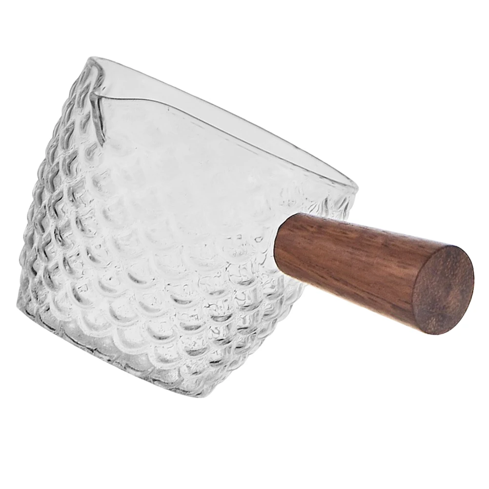 

Glass Milk Cup Clear Pitcher Wooden Handle Heat Resistant Multi Use Creamer Syrup Container Espresso Kitchen Bar Accessories