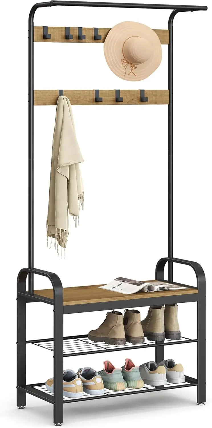 Coat Rack, Hallway Tree with Shoe Bench, 4-in-1, with 9 removable hooks, one hanging rod, measures 13.3 x 28.3 x 72.1 inches