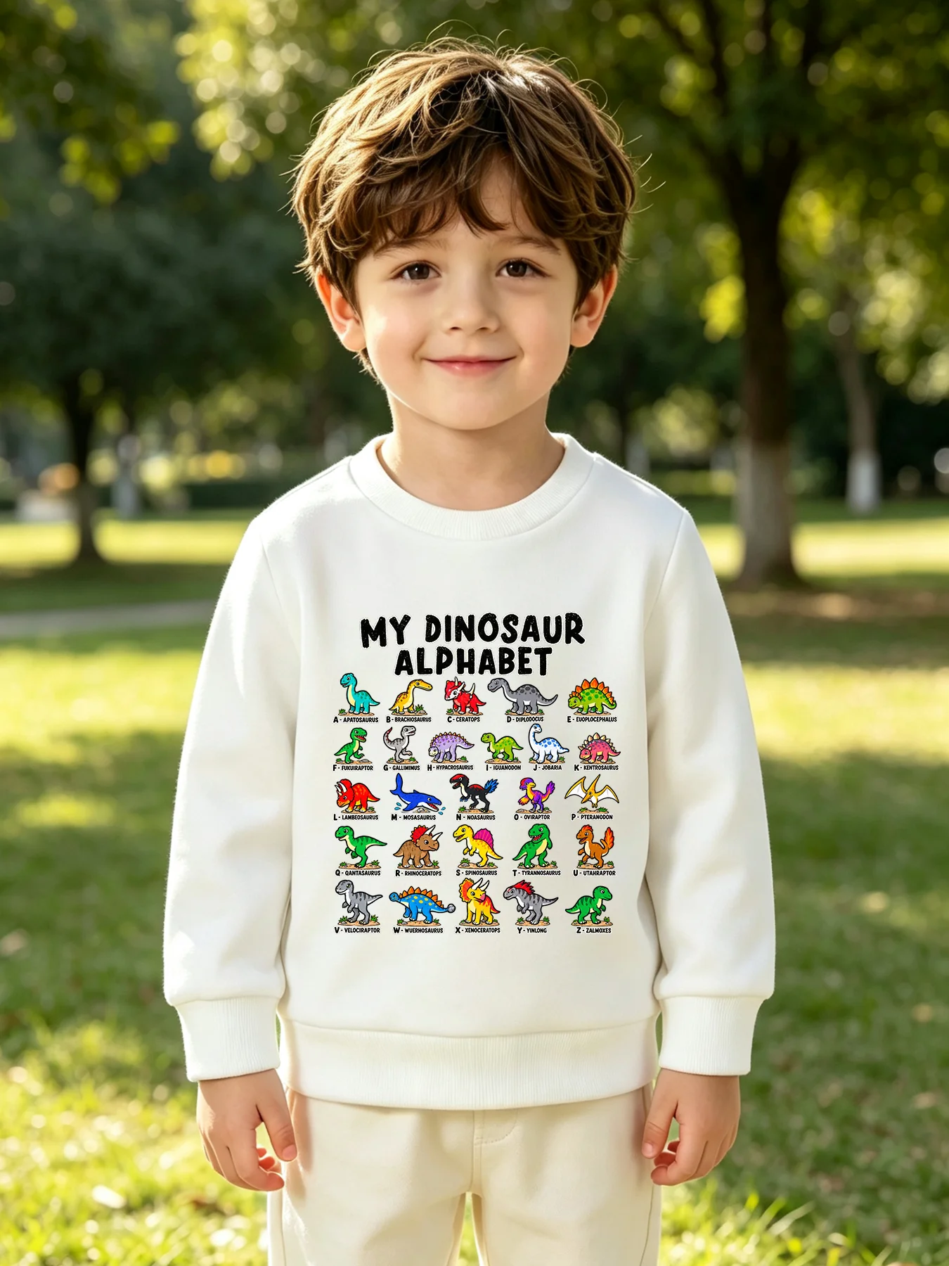 Boys Crew Neck Sweatshirt My Dinosaur Alphabet Cartoon Dinosaur Print Kids Educational Long Sleeve Casual Pullover Top