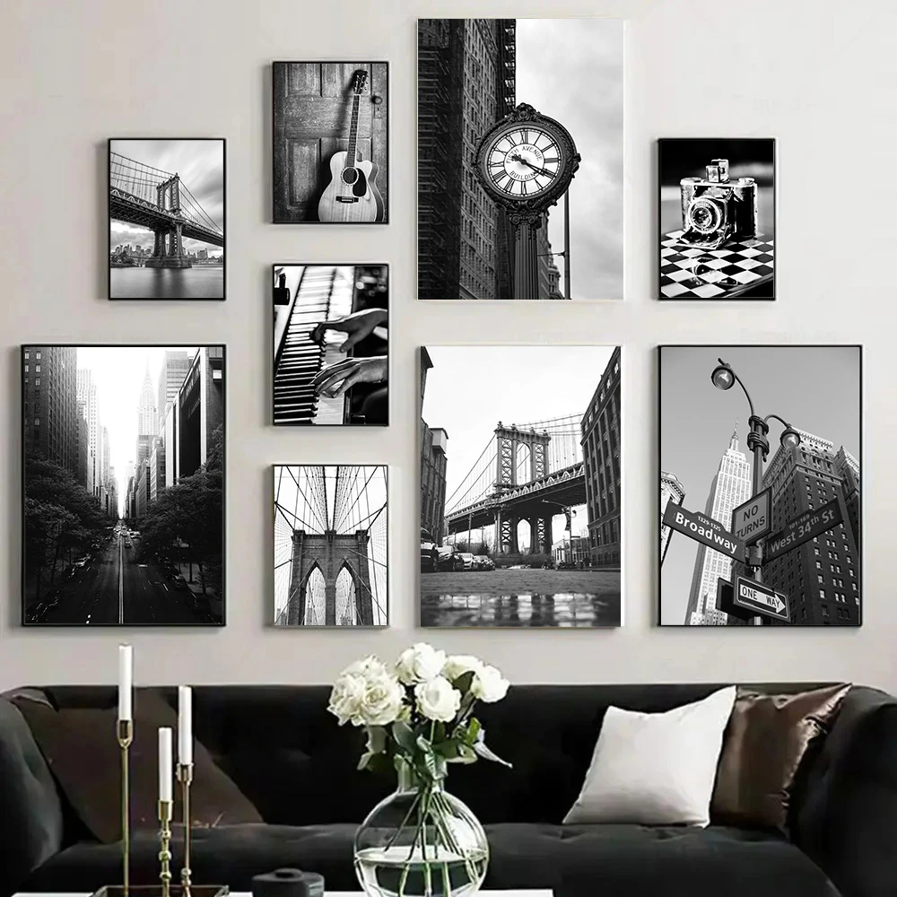 New York City Wall Art Canvas Painting Guitar Camera Black And White Posters And Prints Nordic Wall Pictures Living Room Deco