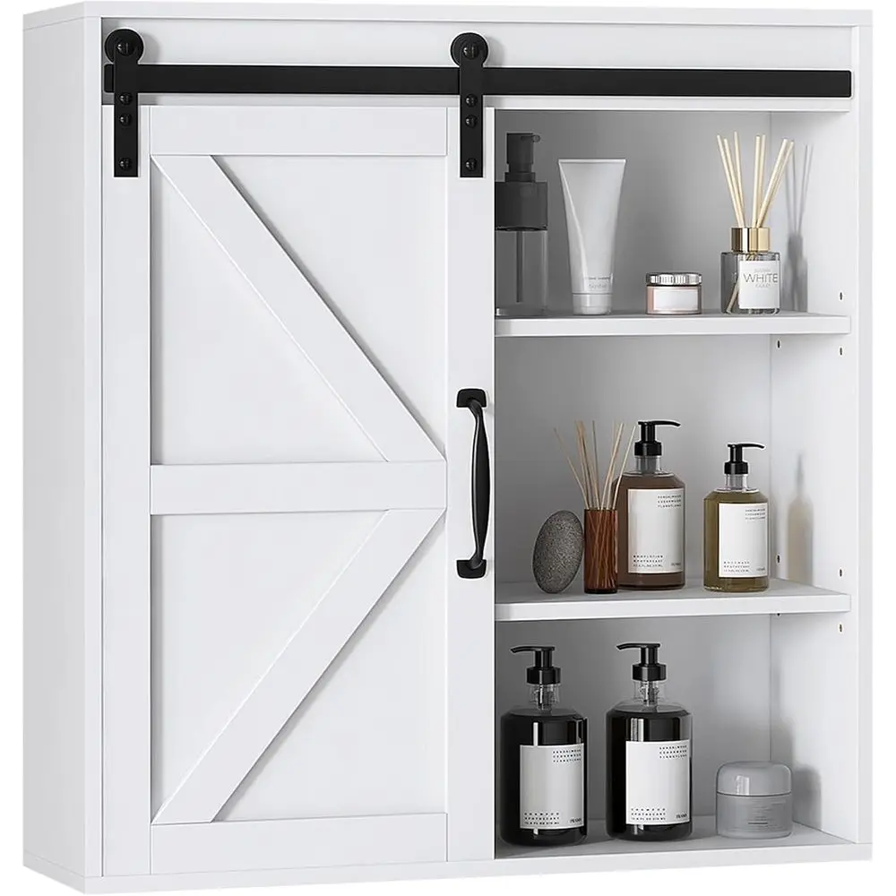 

White Sliding Barn Door Bathroom Wall Cabinet with Adjustable Shelves Over Toilet