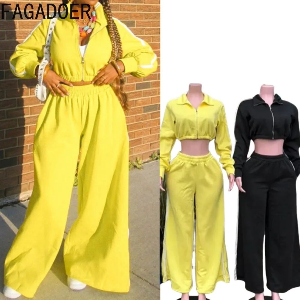 FAGADOER Fashion 2 Piece Sets Women Outfit Zipper Long Sleeve Sweatshirts Crop Top +Baggy Pants Jogger Suits Female Streetwear