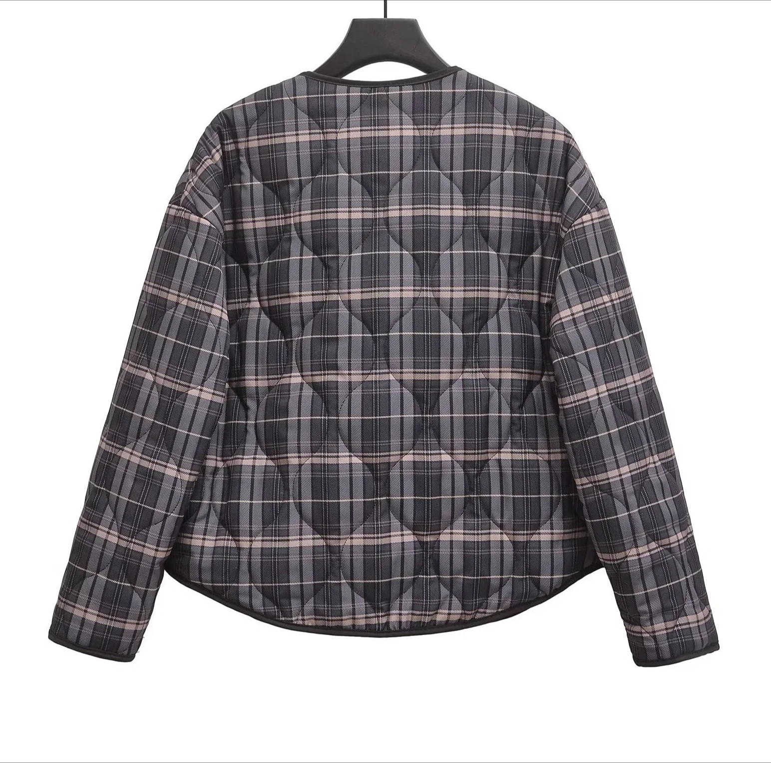 女性の新しい服通勤カジュアル多用途ルーズチェック柄長袖ラウンドネック綿入りジャケット