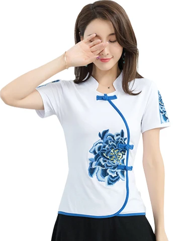

Summer Cotton Embroidered ort Sve T-irt Women's Slim Fit Vintage Button up Stand Collar Color Blo Base Top