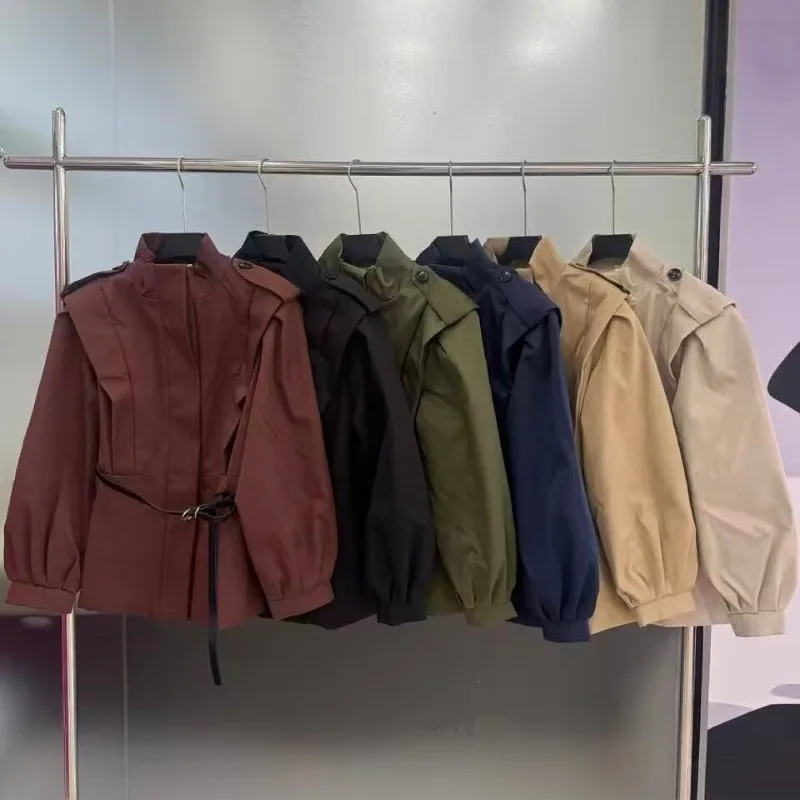 A Popular Women's Fashion Item Stand-up Collar Long-sleeved Tie Solid Color, Cinched Waist Trench Coat New Autumn Fashion Style