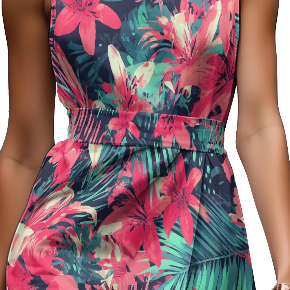 ボヘミアンシックなドレス ウエストタイ付き ノースリーブ トロピカルフローラルマキシドレス 通気性 ビーチストリートスタイル エレガントな流れるマキシドレス