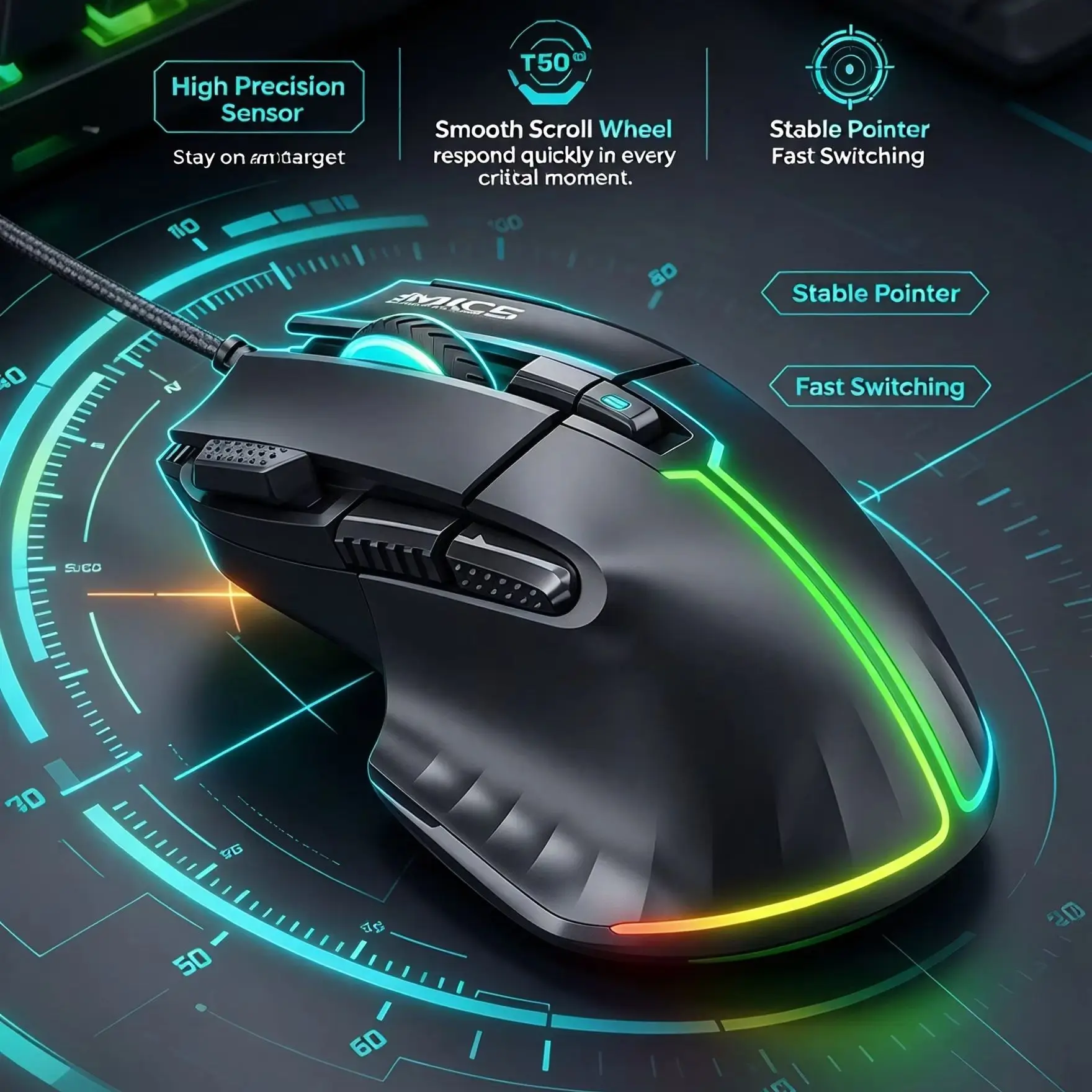T50 Programmable 12800DPI Adjustable Wired Gaming Mouse RGB Backlit Ergonomic Design Optical Gamer PC Mouse For Computer Laptop