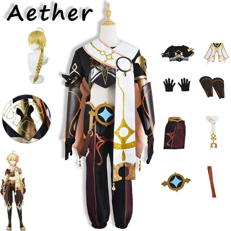 Traveler Aether Cosplay Genshin Impact Costume Armband Glove Scarf Cloak Wig Full Set Game Cos Halloween Carnival Party Costumes