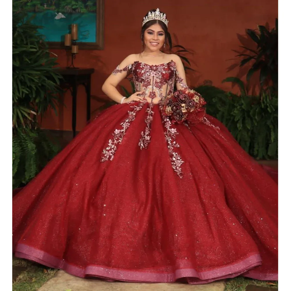 

2023 Burgundy Ball Gown Quinceanera Dresses 3D Flowers Beads Lace Applique Sweet 15 16 Dress Party Wear Xv Años