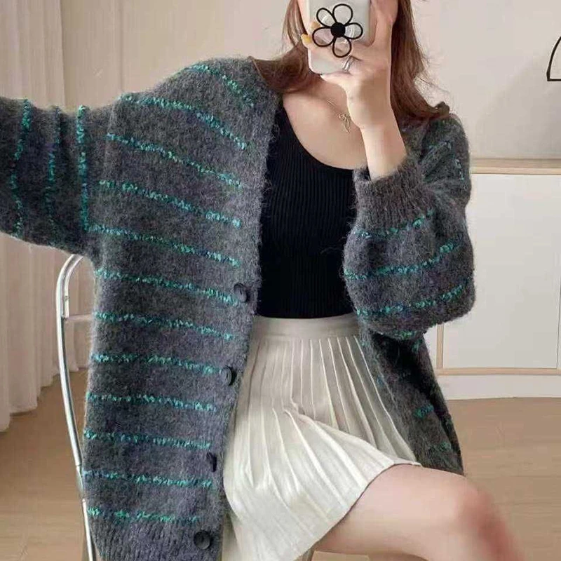 

Женский кардиган, Новое поступление 2025, осенне-зимний однобортный свободный повседневный полосатый вязаный свитер с v-образным вырезом и длинными рукавами P04