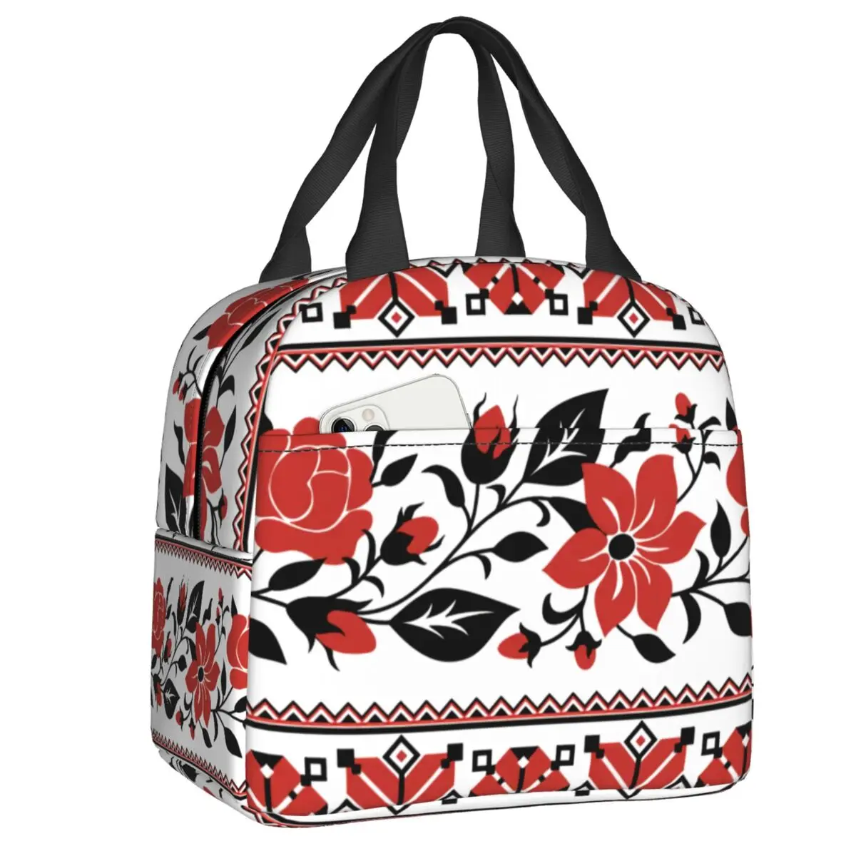 Custom Print With Red Rose And Mallow Ukrainian Traditional Embroidery for Vyshyvanka Portable Thermal Cooler Bento Box Work