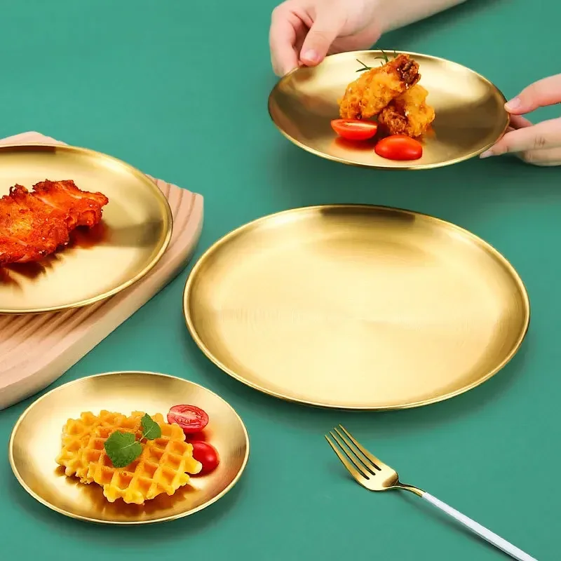 14/17/20/23/26CM Stainless Steel Round Plate Gold and Silver Spaghetti Steak Plate Fruit Cake Tray Portable Kitchen Cutlery