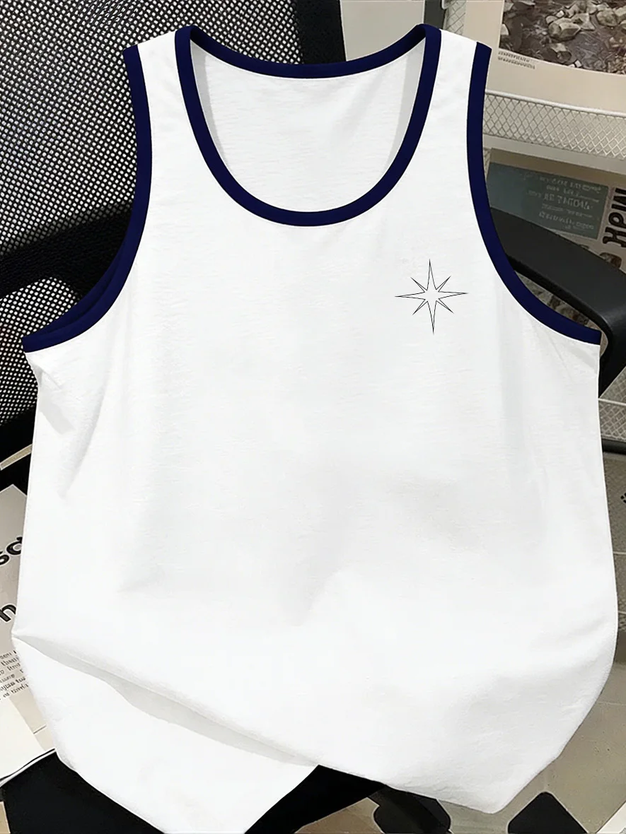 Fashionable Color Block Men's Vest Summer Sporty Casual Sleeveless T-Shirt Breathable round Neck Design Geometric Pattern