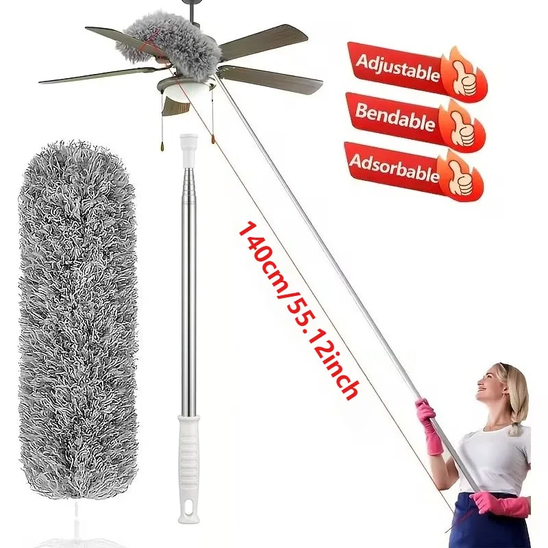 Extra-Long Retractable Duster - 55.12Inch Extendable Rod with Bendable Head, Washable & Reusable Blue Microfiber Brush for High