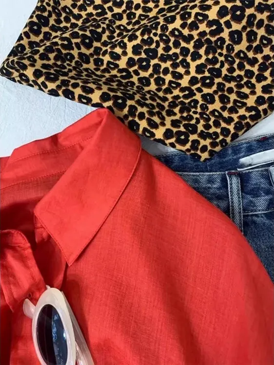 Red Linen Long Sve Women's irt Sun Protection Spring Summer Casual Sle High End New Arrival  Collar Button Detail