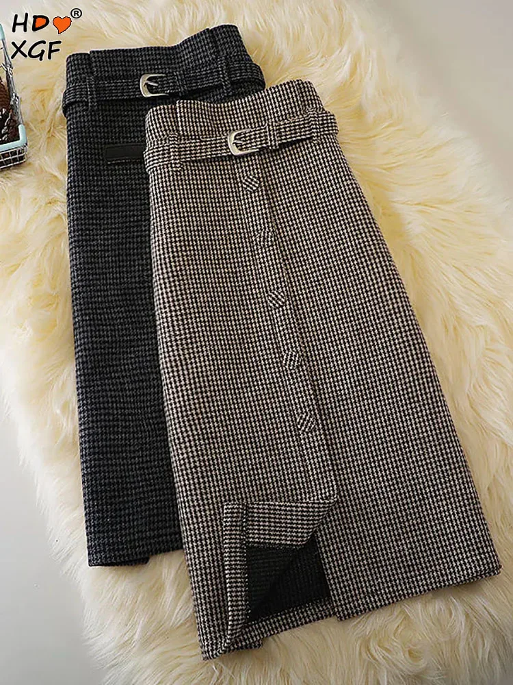 

Elegant Luxury Houndstooth Print Tweed Midi Skirts For Women Autumn Winter Zipper High Waist Slim Skirt Simple All-match Skirts