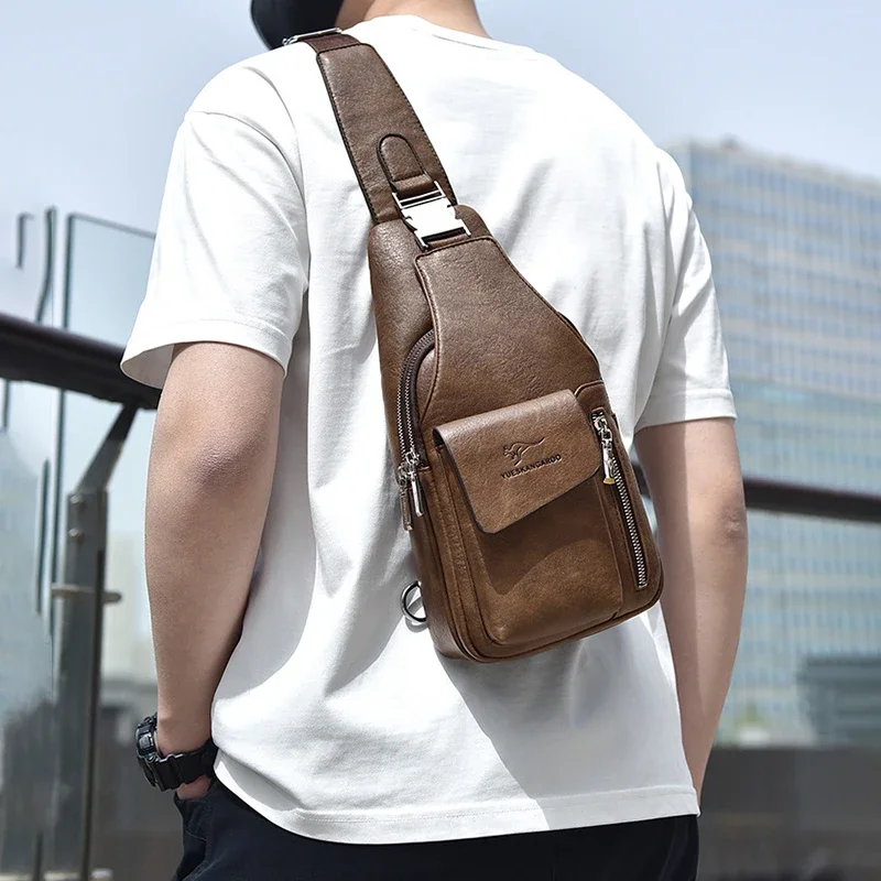 Men'S PU Leather Chest Bag Wallet Phone Weekend Backpack Sling Small Chest Pack Cross Shoulder Side Vintage Crossbody  Bag Male