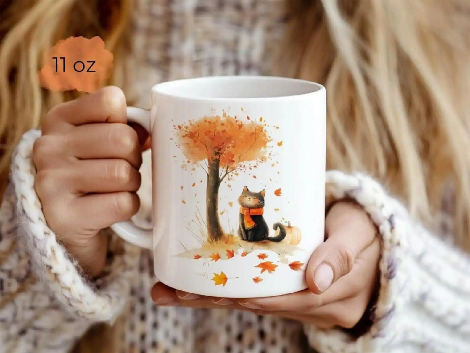 Autumn Cat Mug Cute Kitty Under Fall Leaves Tree Thanksgiving Coffee Cup 11oz Ceramic Cat Lover Mug Fall Thanksgiving Gift Home
