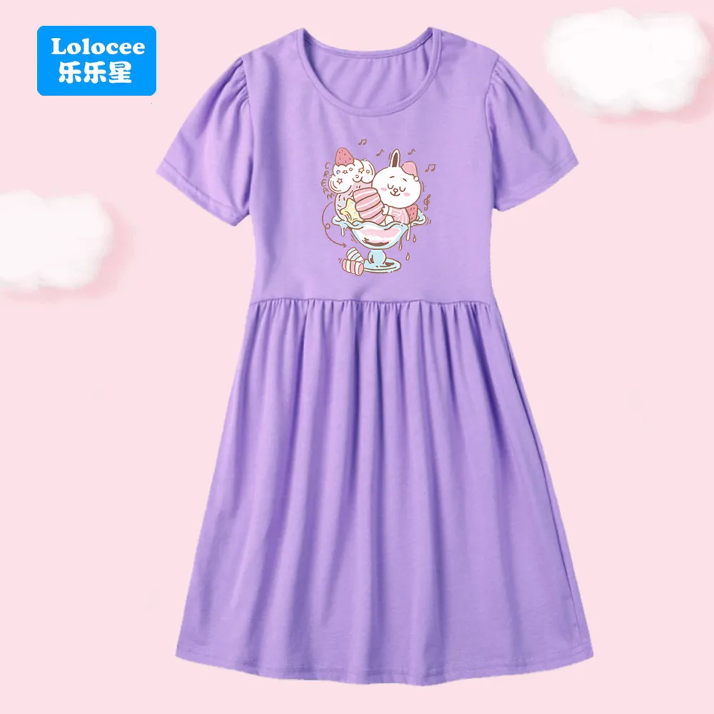 Lolocee Girls' Cotton Dress Cute Rabbit & Ice Cream Print Pink/Purple Short Sleeve Casual Dress for Kids BQL1