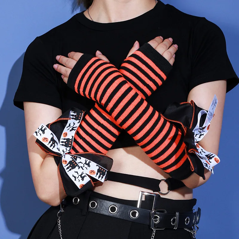 قفازات جديدة للهالوين نصف إصبع مخططة بفيونكة عنكبوتية مزخرفة وأكمام دافئة للنساء وأكمام مكشوفة للأصابع #2