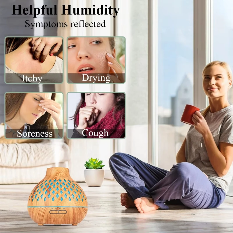 500ML น้ํามันหอมระเหยน้ํามันหอมระเหย Diffuser ไม้ GRAIN รีโมทคอนโทรล Ultrasonic Air Humidifier Cool พร้อมไฟ 7 สี