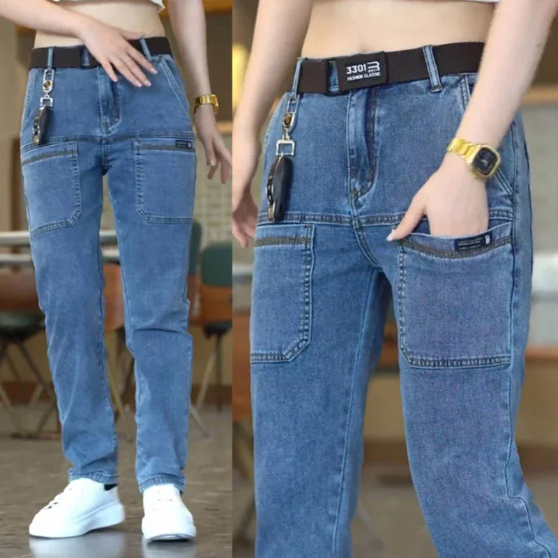

Men Cargo Pants Slim Stretch Jeans Multi Pocket Fashion Streetwear Designer Skinny Male Denim Trousers Brand Clothes Blue Black