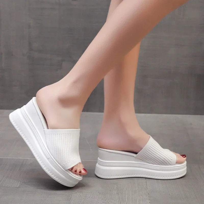 Women Slippers  New Summer Wedge Thick Heel Sexy Square Toe Dress Party Shoes High Heels Knitting Casual Pumps