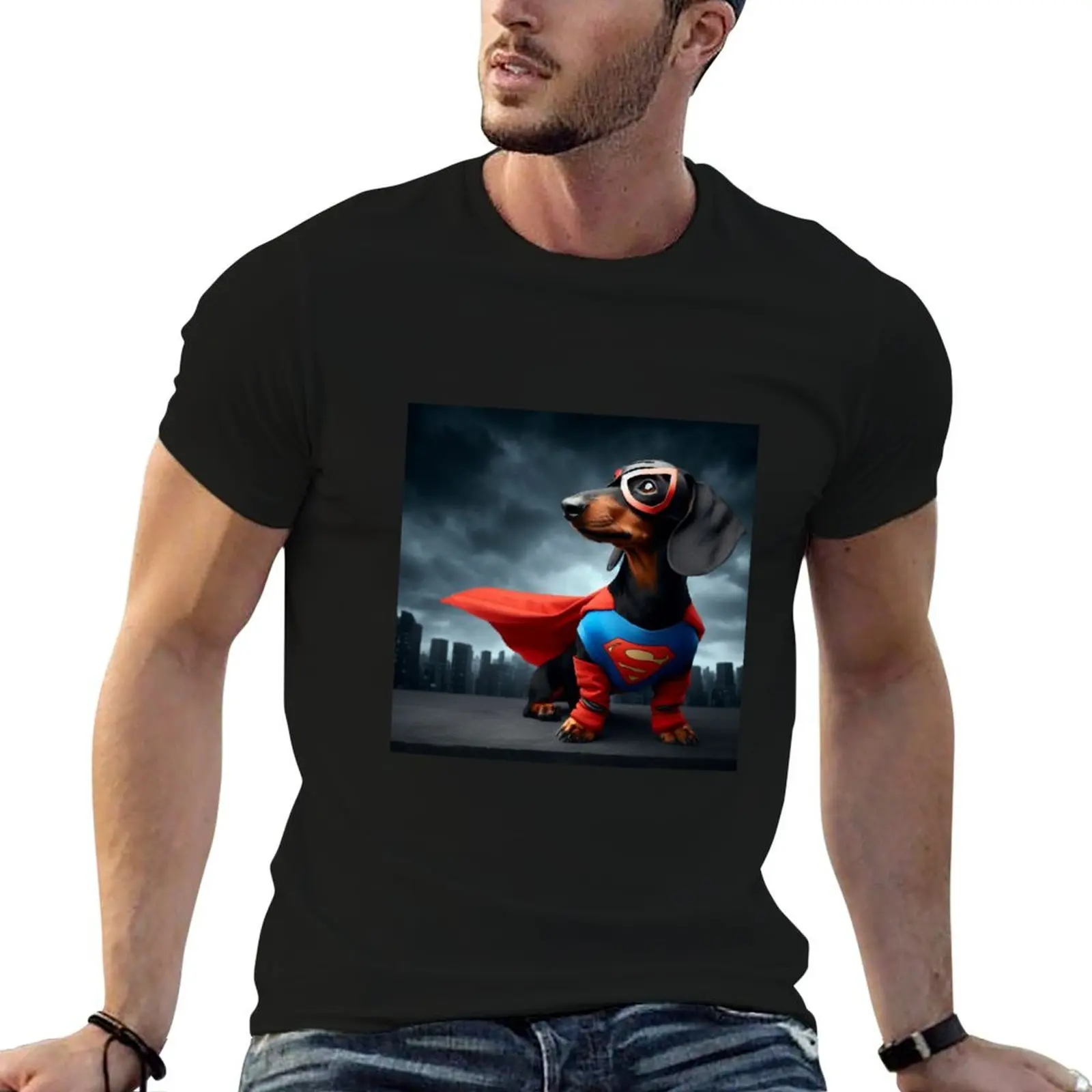 Superhero Dachshund: Tiny Hero, Big Bark T-Shirt Casual Loose Fit Short Sleeve T-Shirt