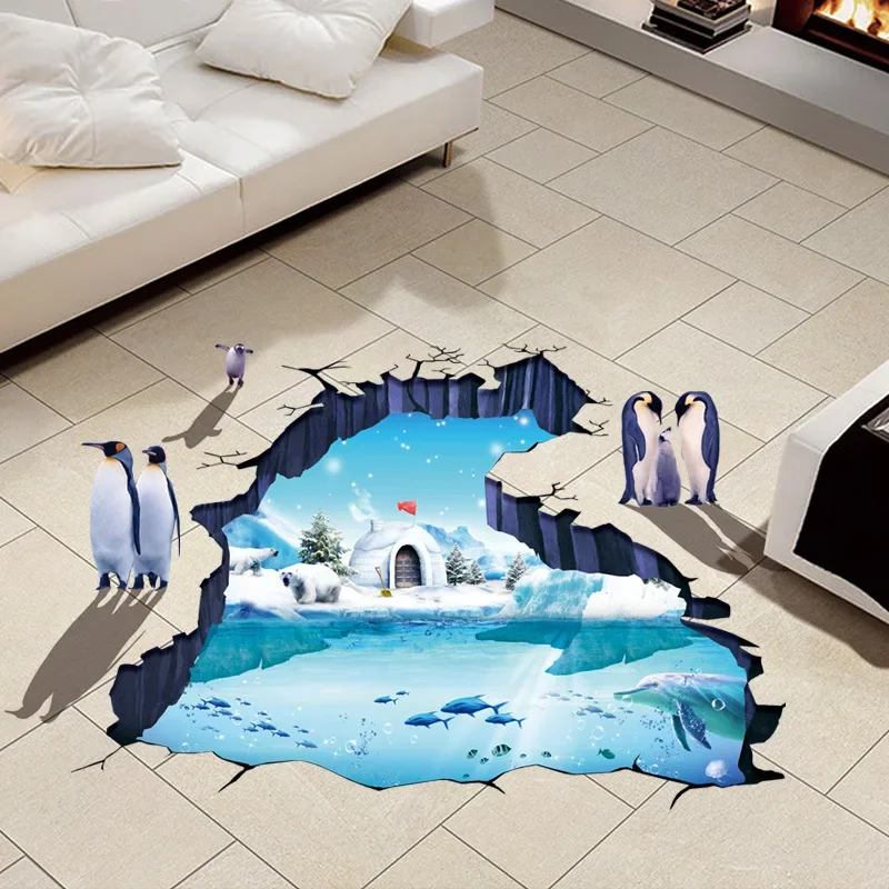 New 3D Polar Glacier Penguin Bedroom, Living Room, Shopping Mall Removable Floor Decal Decoration Waterproof Wall Decal