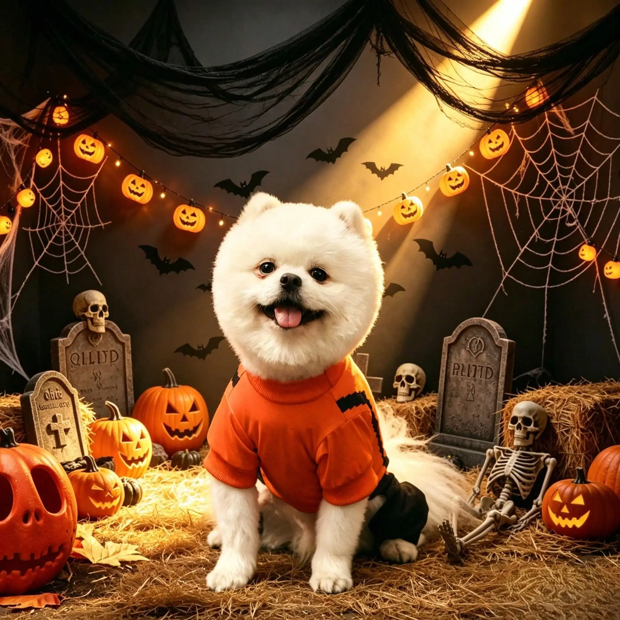 Halloween-Hundepyjama mit Kürbis-Jack-O-Lantern-Gesicht, Haustier-Onesie, 4-beiniger Welpen-Jumpsuit, Festtagskleidung für kleine und mittelgroße Hunde und Katzen – Detail 5