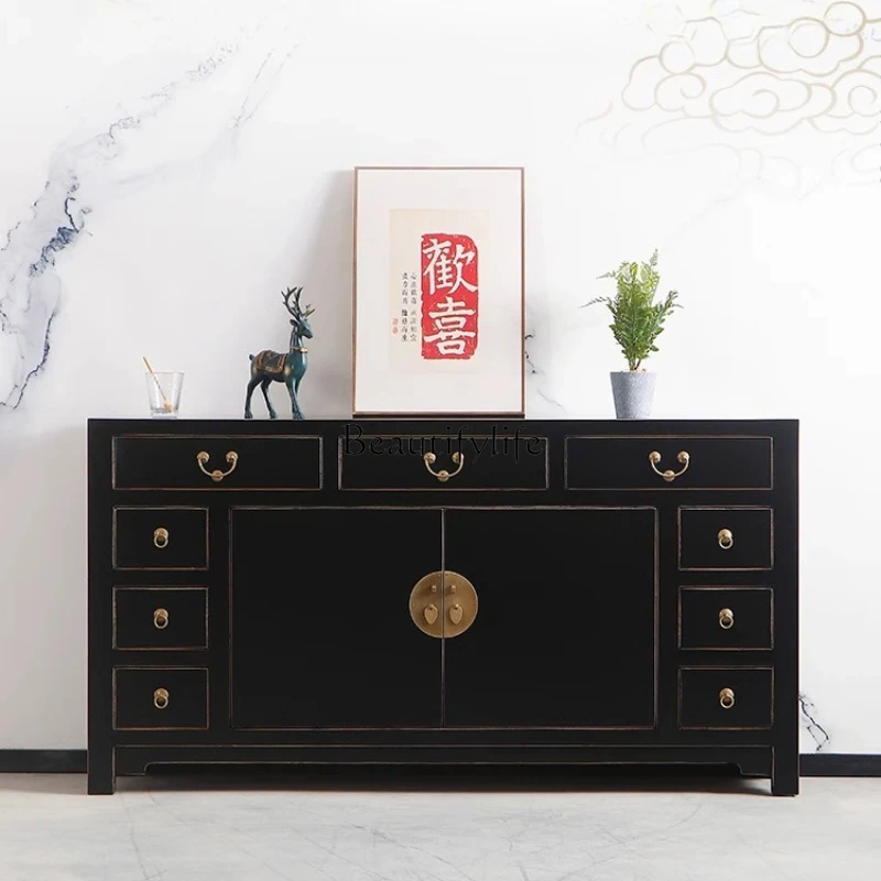 

1New Chinese retro black lacquer side cabinet retro solid wood antique foyer partition classical TV cabinet