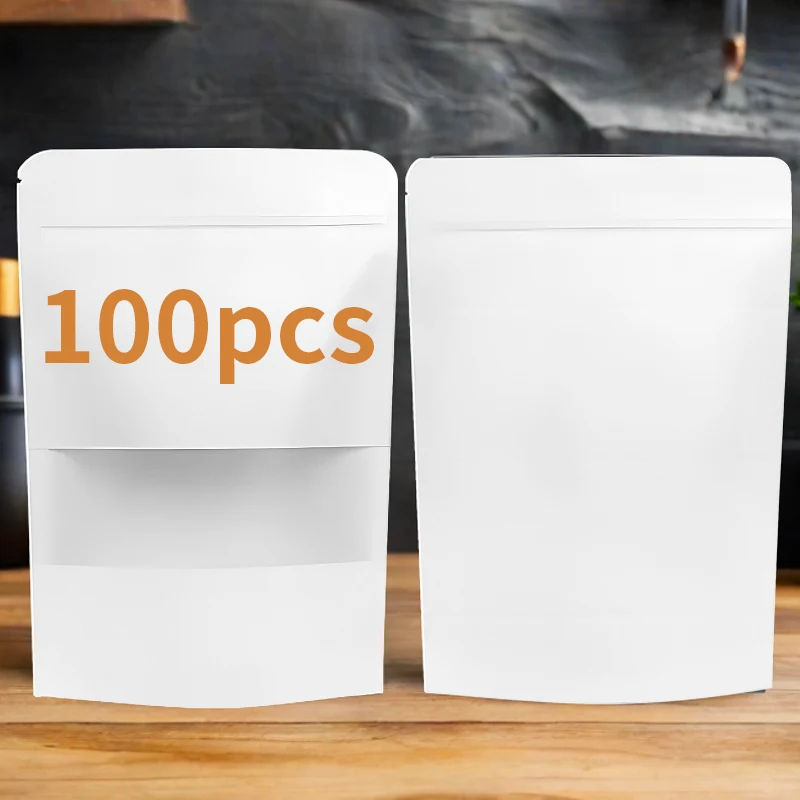 100 sztuk hurtowych białych papierowych torebek stojących z okienkiem wielokrotnego użytku do pakowania żywności z zamkiem błyskawicznym do przechowywania, ciastek i przekąsek