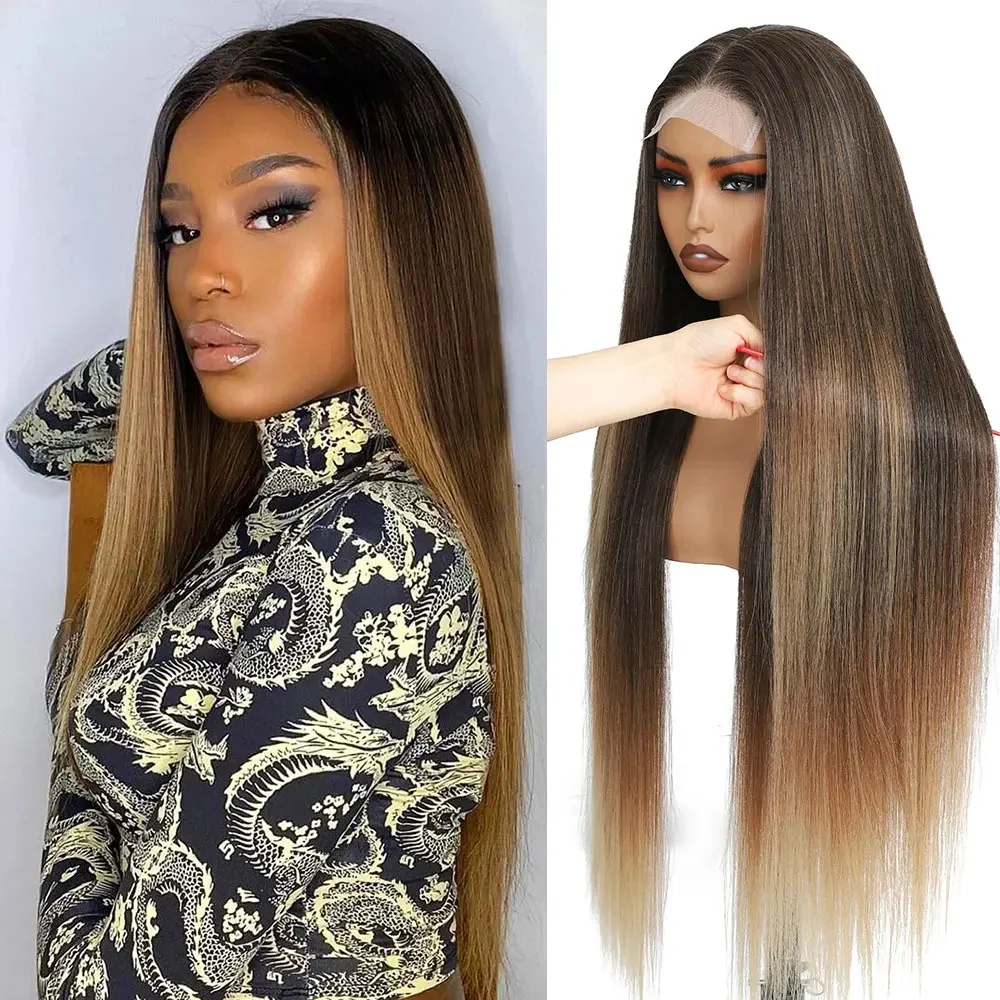 

36 Inch 4X4 Lace Wigs Synthetic Hair Straight P27/613 BUG Brown Lace Frontal Wig Heat Resistant Fiber Cosplay Lace Front Wigs
