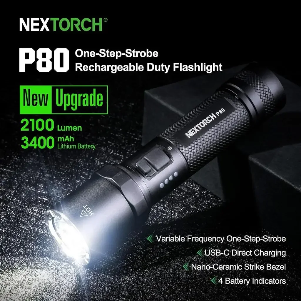 NEXTORCH P80 Rechargeable Flashlight High Lumens, 2100 Lumens LED Tactical Flashlight with 5 Modes