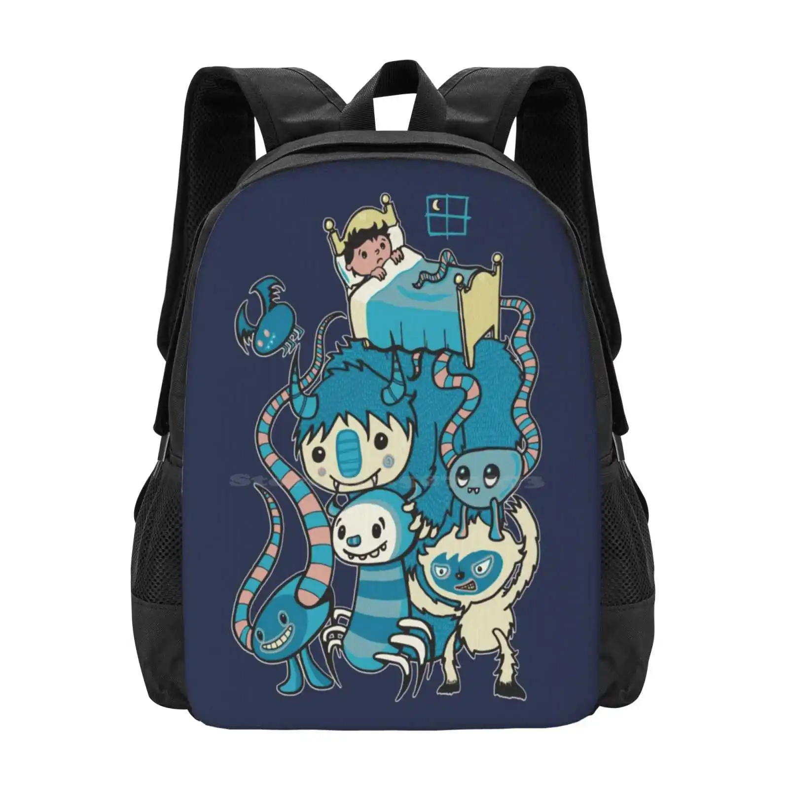 The Under My Bed Pattern Design Bag Student'S Backpack Monsters Beasts Creatures Under The Bed Go Bump Night Bed Time Adorable