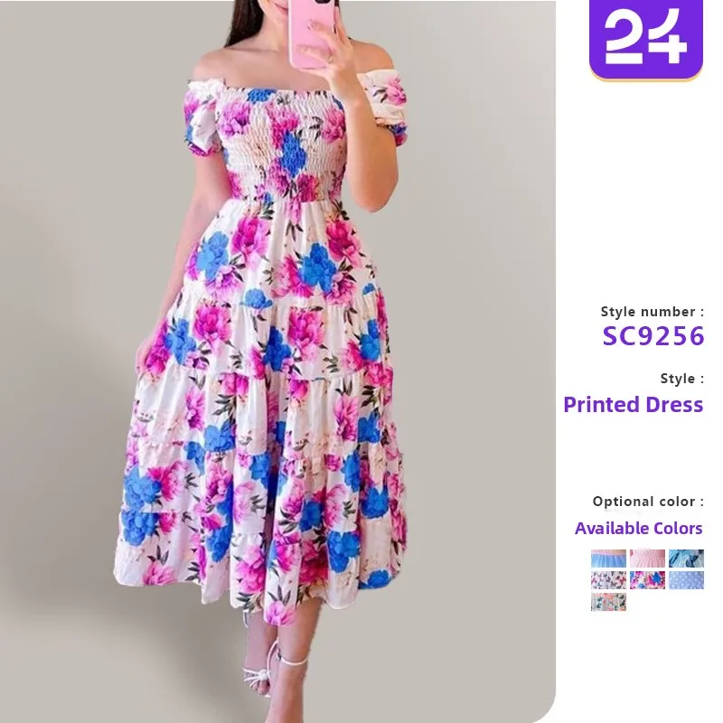 Artistique Fre imprimé fleuri été nouveau Sle femmes Dr gâteau jupe ort Sve une épaule basique Faion Polyester Dr