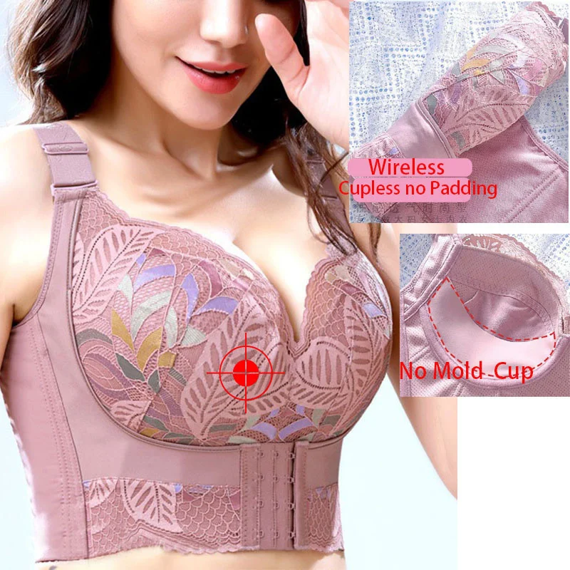 GUUDIA Underbust Push Up Wirefree Back Fat Smooth Bra 6 Rows Shapewear Bra Hides Back Fat Full Back Coverage Bra Lace No Padding