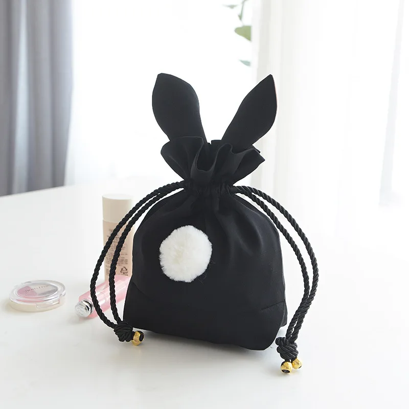 Girls Storage Bag Cute Rabbit Fur Ball Drawstring Makeup Organizer Women Portable Travel Cosmetics Bag Pouch Jewellery Container