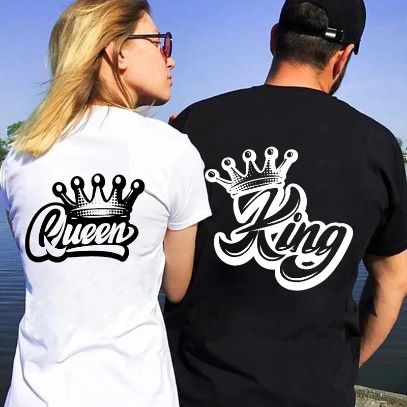 King Queen Printed Lover Tee Shirt Harajuku Women T-shirt Couple Matching Short Sleeves Summer Cotton Top